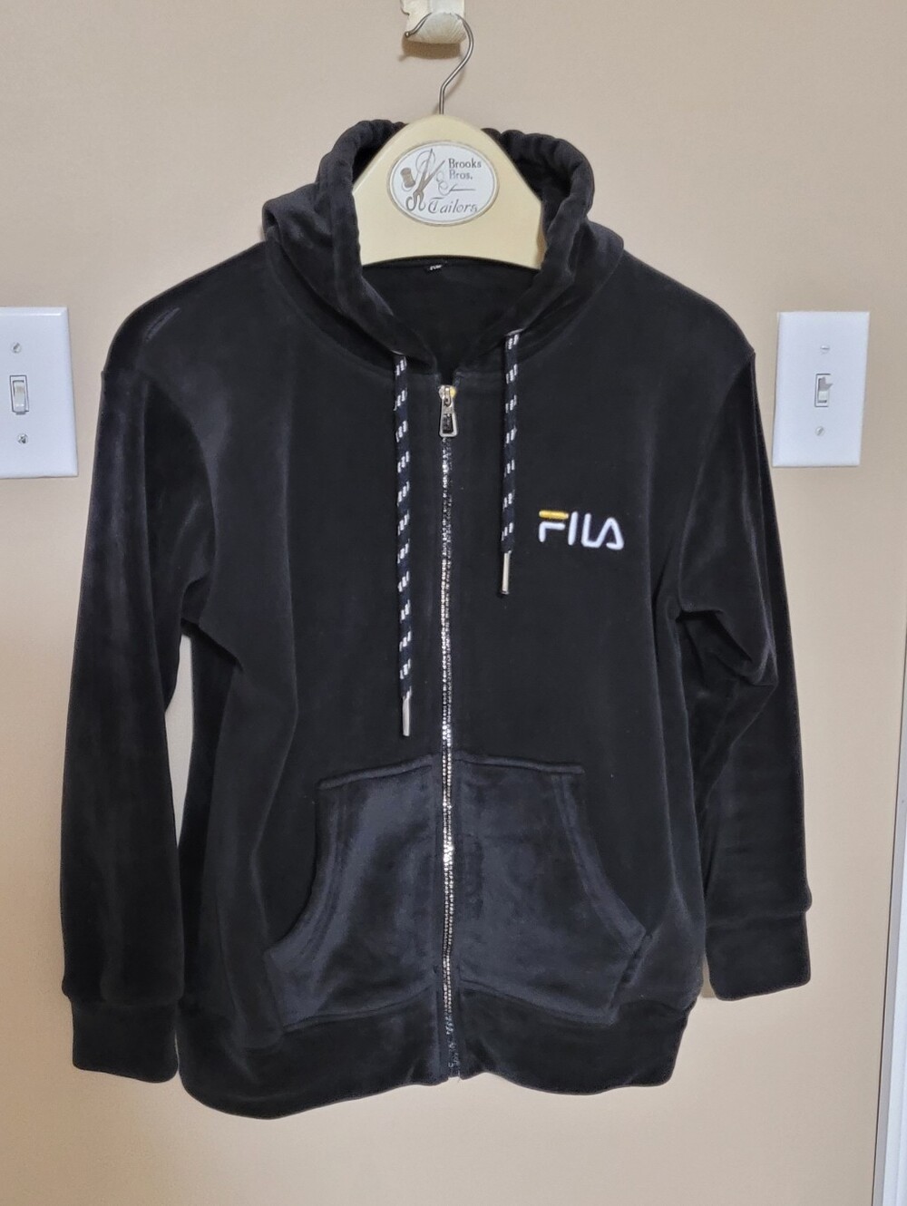 Fila Black Velour Full-Zip Hoodie with Embroidered Logo
